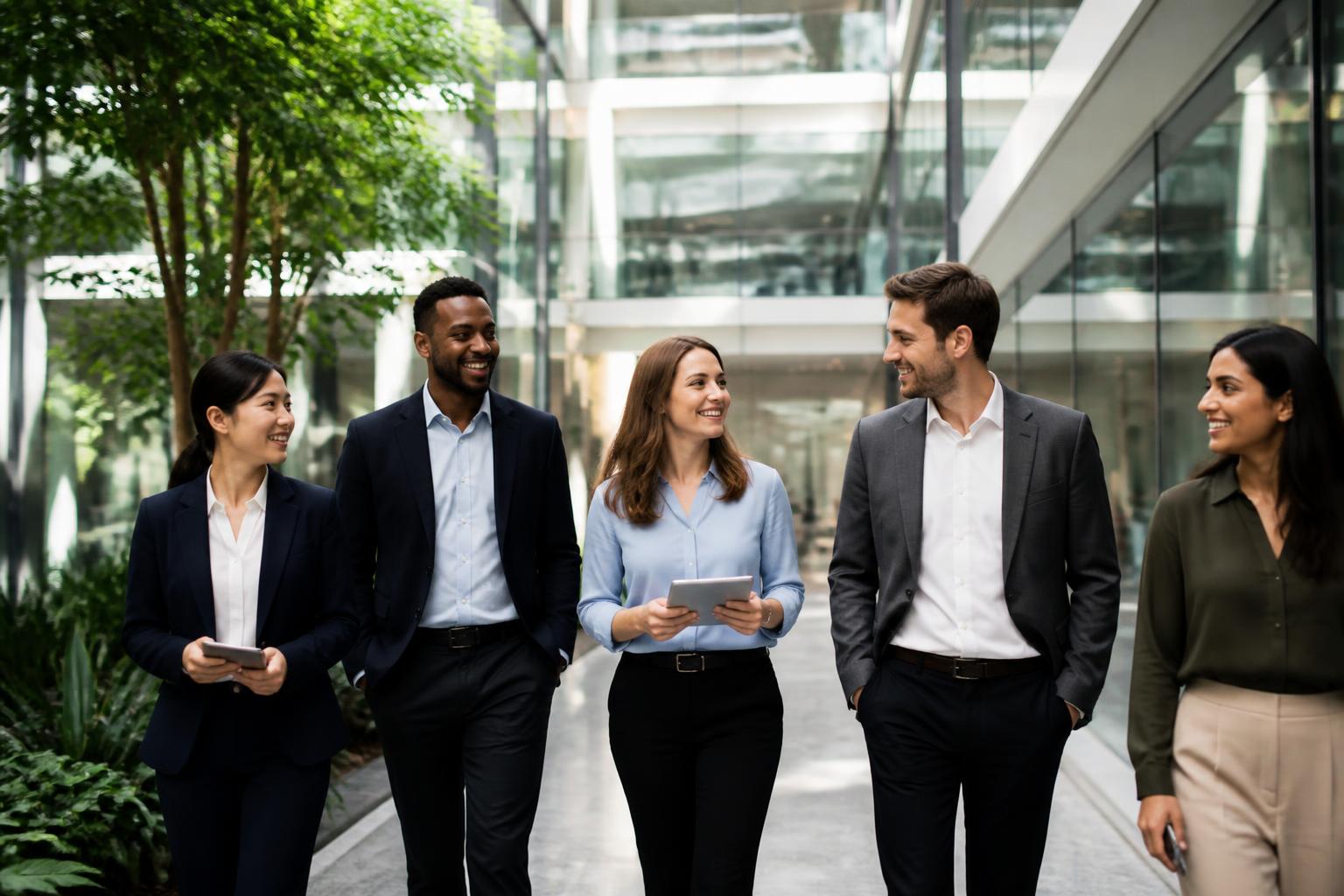 Trans Neuron colleagues walking together through a modern office atrium